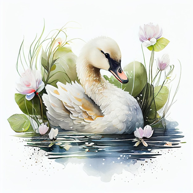 A painting of a swan in water with water lilies and flowers.