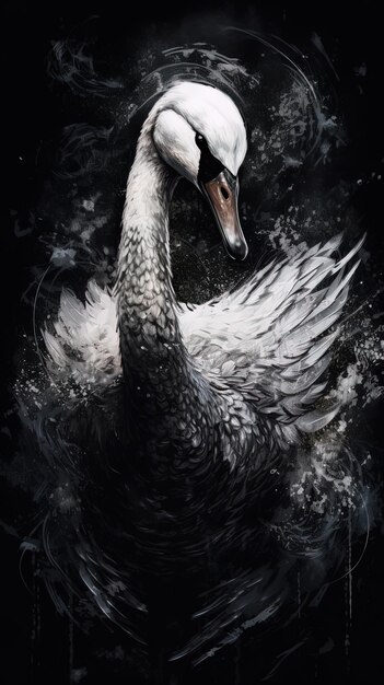 A painting of a swan in the water