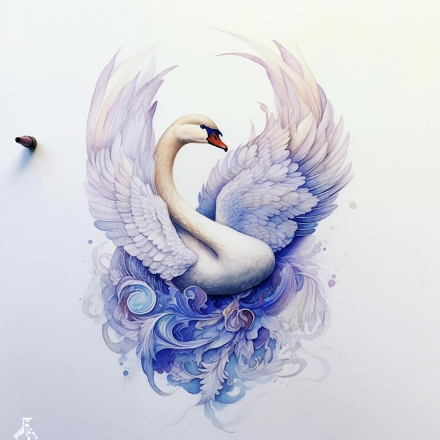 Painting of a swan with blue feathers and a white background generative ai