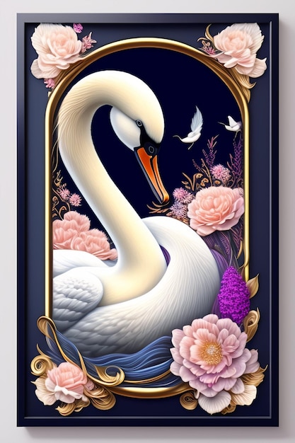 A painting of a swan with flowers and a blue background.