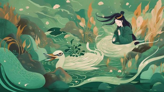 A painting of a swan and a woman in green.