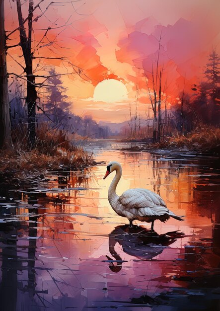 a painting of a swan in the woods with a sunset in the background