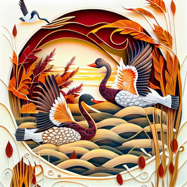 A painting of swans in a field with a bird on the water.