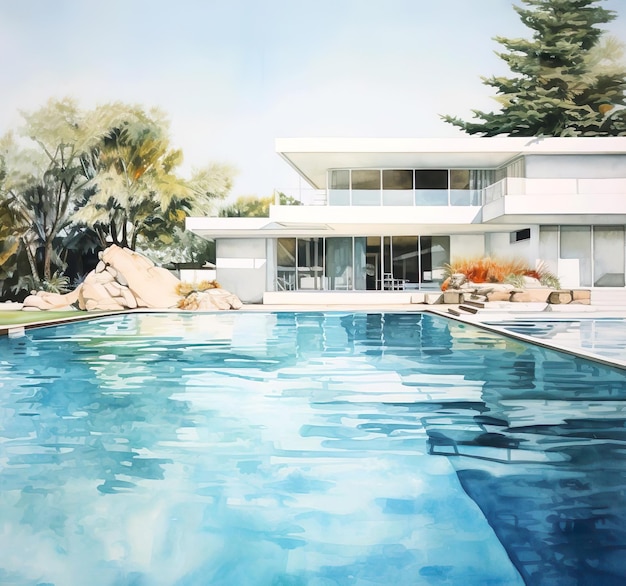 A painting of a swimming pool with a view of the house