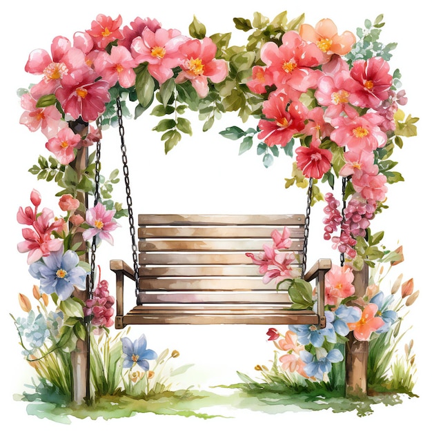 a painting of a swing with flowers and a bench.