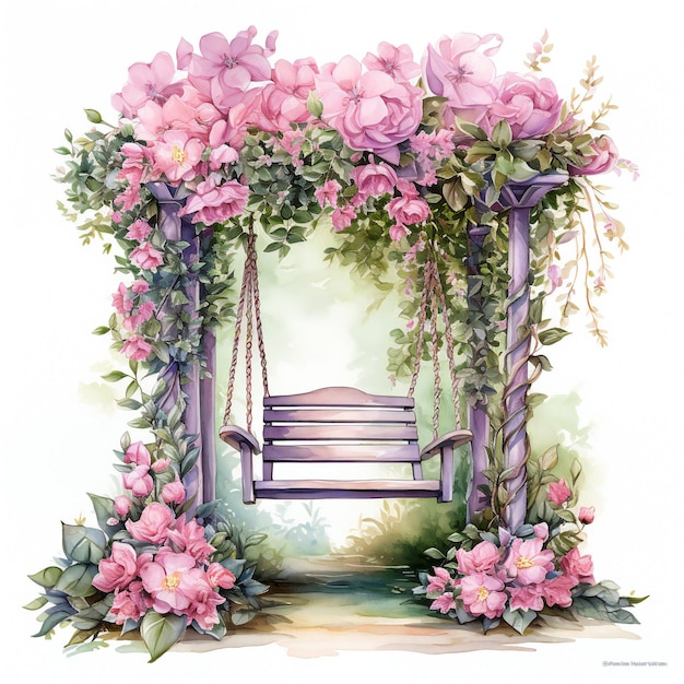 a painting of a swing with roses and a bench.