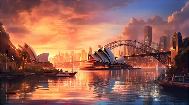 A painting of sydney harbour bridge and sydney opera house