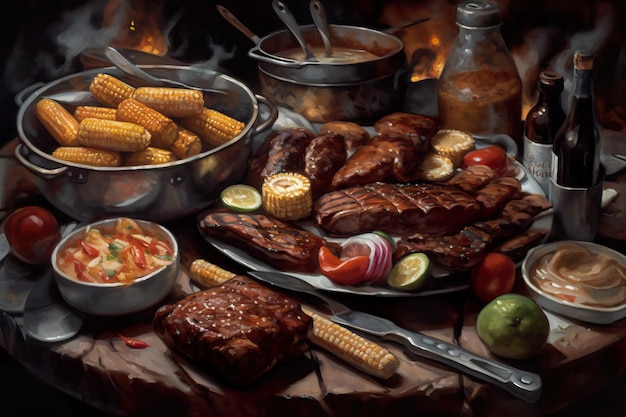 A painting of a table full of food including corn, vegetables, and meat.