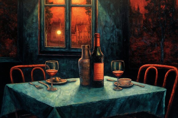 Foto dipinto di un tavolo con una bottiglia di vino e due bicchieri ai