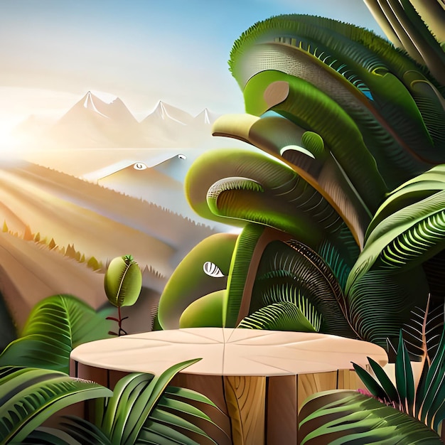 A painting of a table with a mountain in the background.