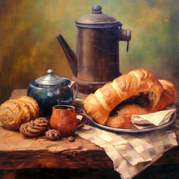 painting of a table with a plate of bread and a teapot generative ai