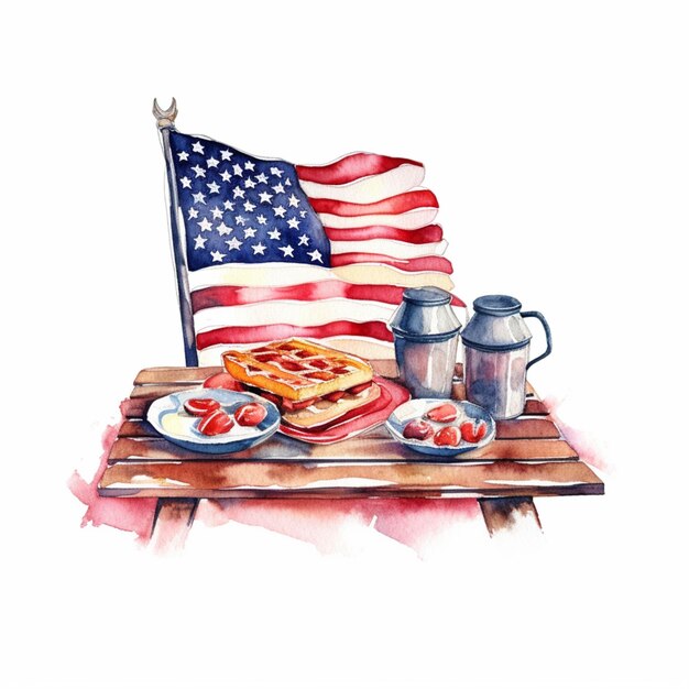 Painting of a table with a plate of food and a flag generative ai