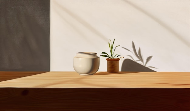 A painting of a table with a potted plant on it.