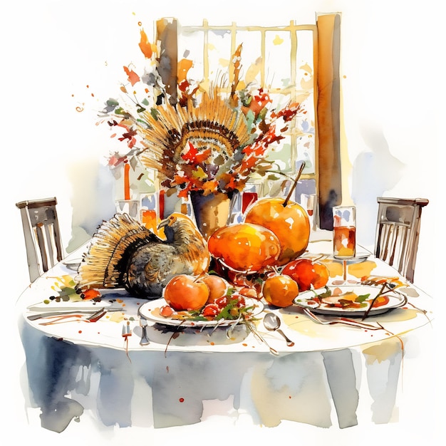 a painting of a table with pumpkins and a plate of pumpkins