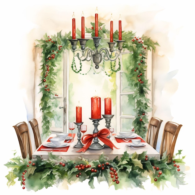 a painting of a table with a table set for a christmas dinner