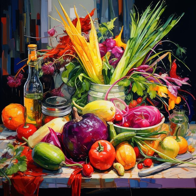 Foto dipinto di un tavolo con una varietà di frutta e verdura ai