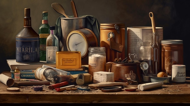 A painting of a table with various items including a bottle of alcohol.