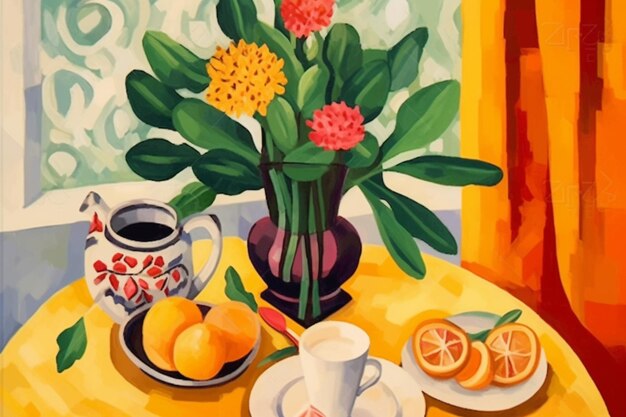 Painting of a table with a vase of flowers and oranges on it generative ai