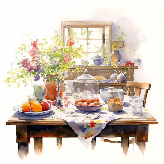 a painting of a table with a vase of flowers and a window in the background