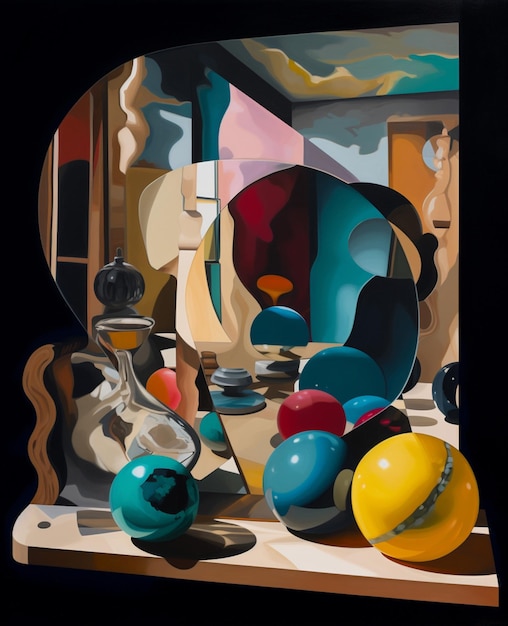 A painting of a table with a vase and a glass vase with a blue and yellow ball on it.