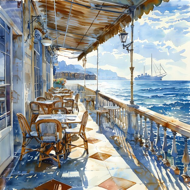 A painting of tables and chairs on a balcony with a view of the ocean