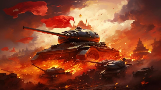 背景に赤い旗を掲げて燃えているタンクの絵画
