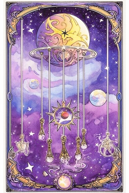 A painting of a tarot with a sun and moon in the background generative ai