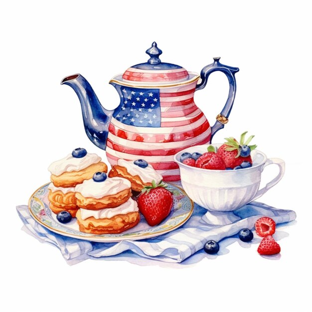 Photo painting of a tea pot and a plate with a pastry and berries generative ai