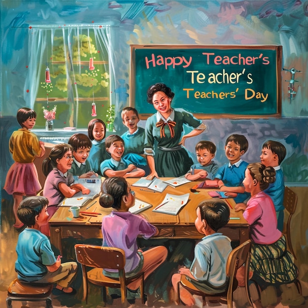 a painting of a teachers teachers day is shown with a sign that says happy teachers day