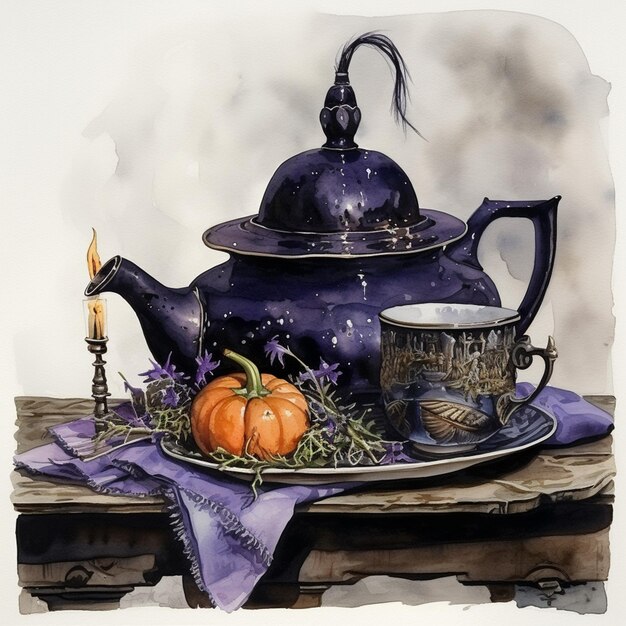 painting of a teapot and a cup on a table with a candle generative ai