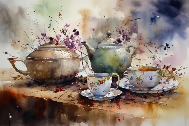 a painting of a teapot and teapot