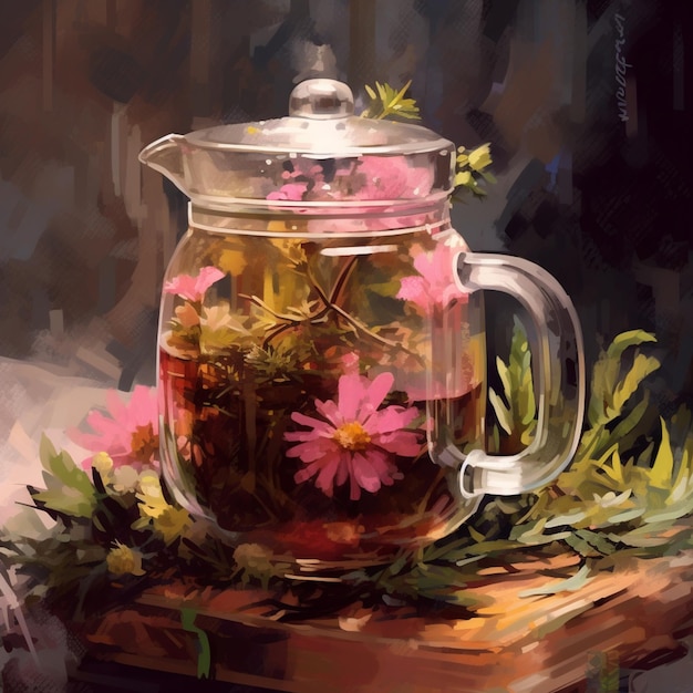 A painting of a teapot with flowers on it.