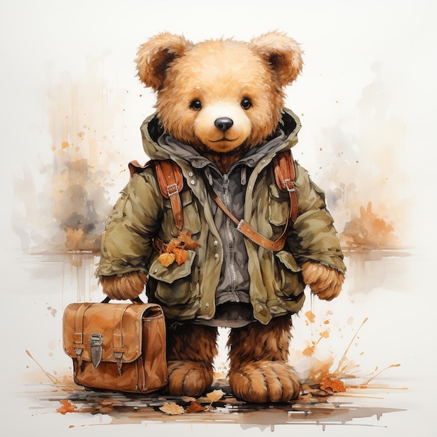 Premium Photo  Painting of a teddy bear in a jacket and a bag generative ai