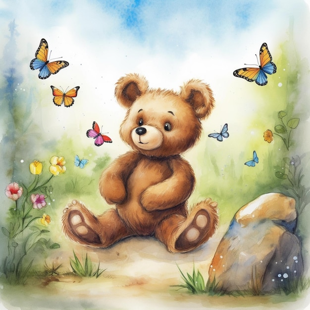 Painting of a teddy bear sitting on a rock surrounded by butterflies generative ai