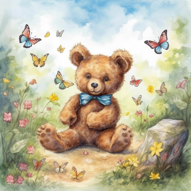 Painting of a teddy bear sitting on a rock with butterflies flying around generative ai