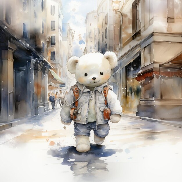 painting of a teddy bear walking down a street with a backpack generative ai