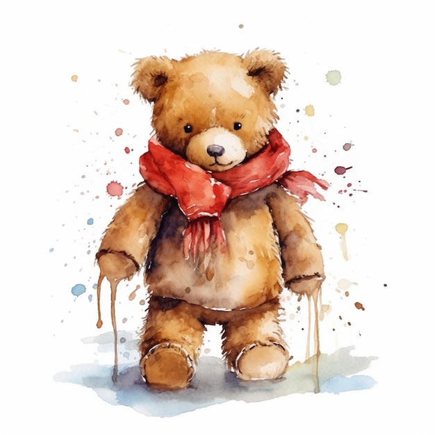 Painting of a teddy bear wearing a red scarf and holding a stick generative ai