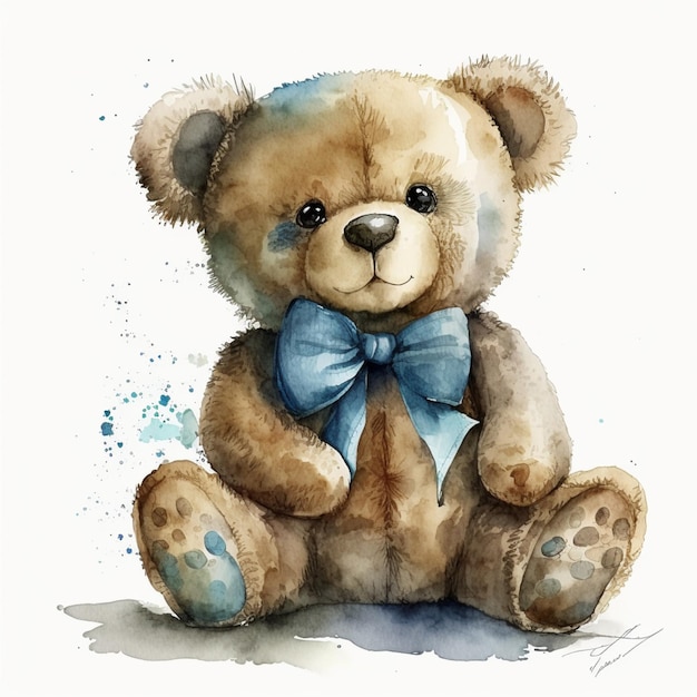 painting of a teddy bear with a blue bow sitting on a white surface generative ai