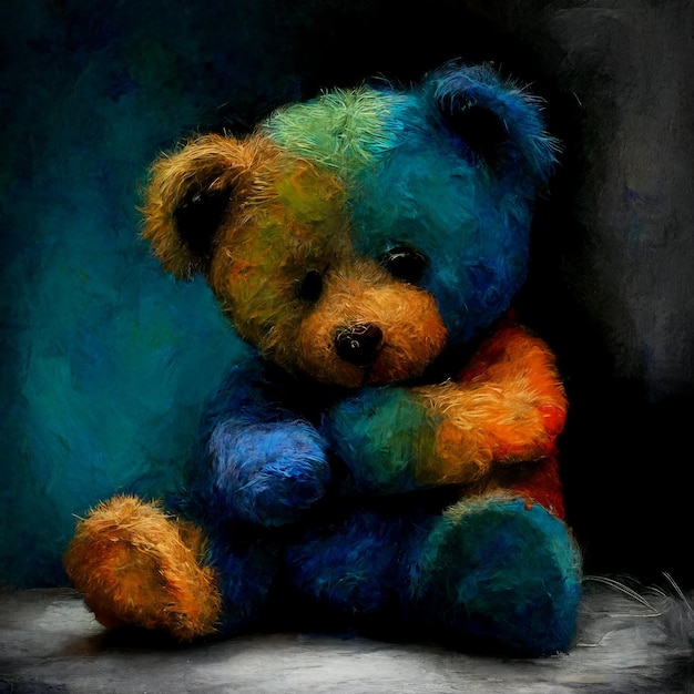 A painting of a teddy bear with a blue and orange coat.