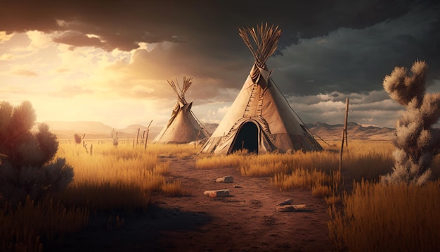 Photo a painting of a teepee and a cloudy sky