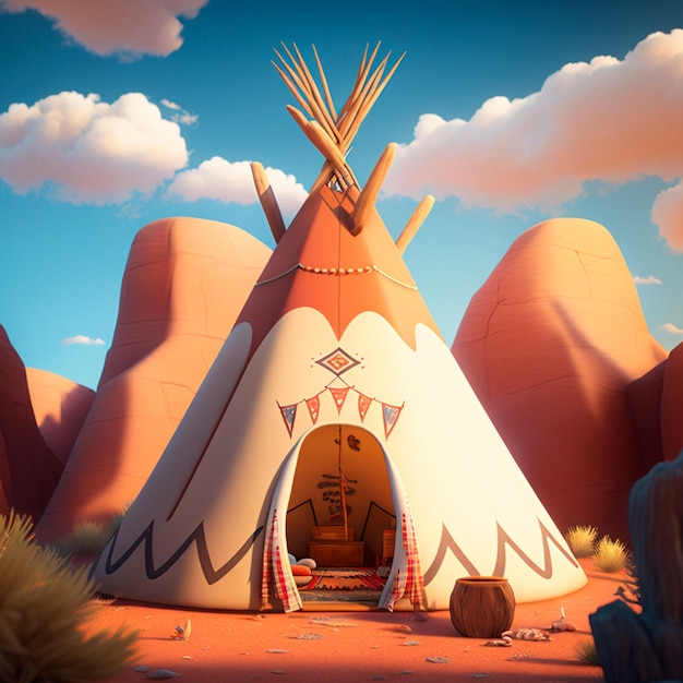 Foto un dipinto di un teepee in una scena del deserto.