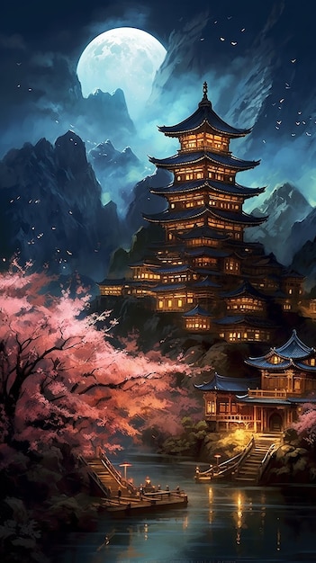 A painting of a temple in china