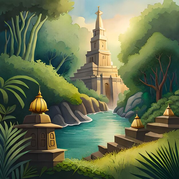 A painting of a temple in the forest