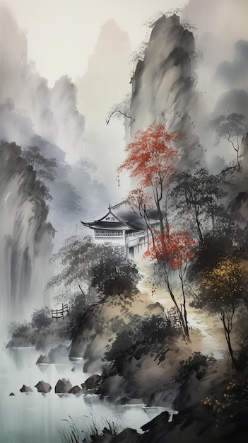 A painting of a temple in the forest