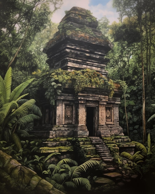 A painting of a temple in the jungle