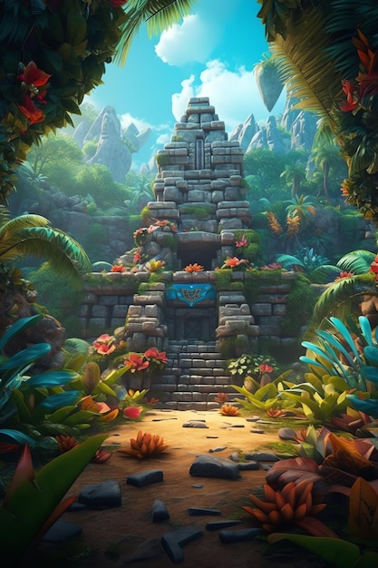 A painting of a temple in the jungle.