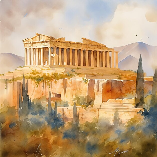 Photo a painting of the temple of the temple of the gods