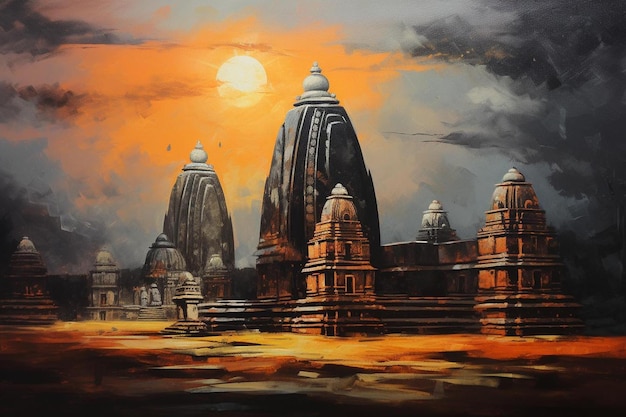 a painting of a temple with a full moon in the background