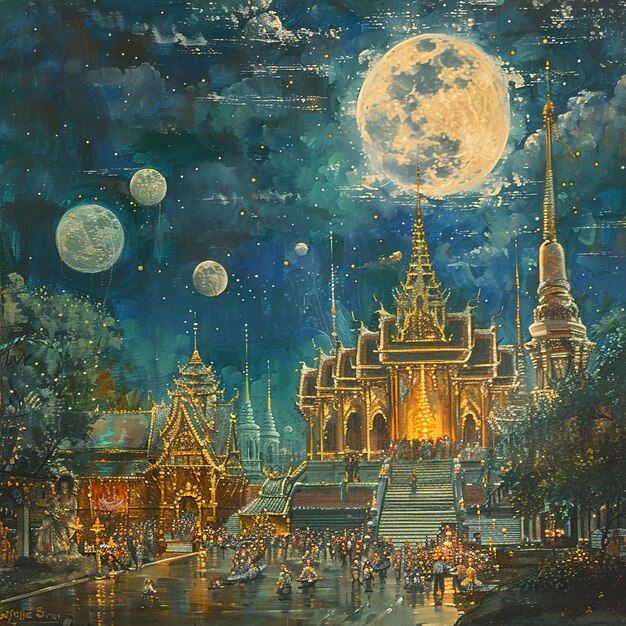 Photo a painting of a temple with a full moon in the background