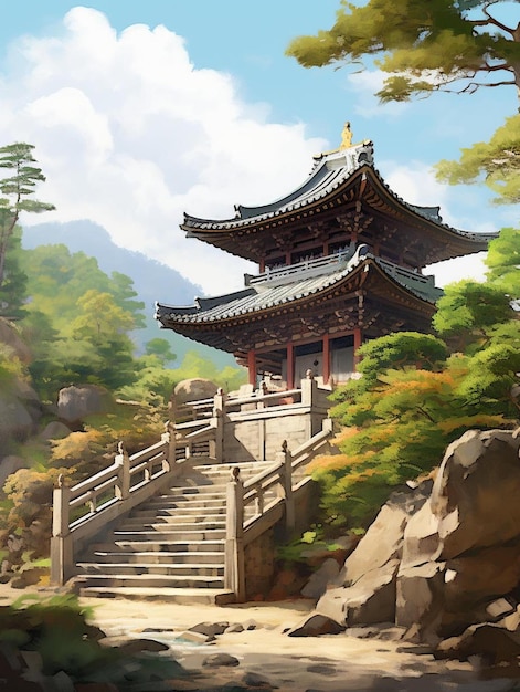 a painting of a temple with a mountain in the background.